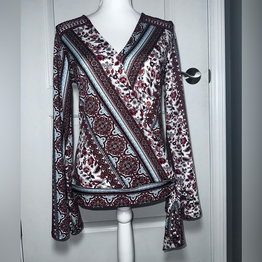 Venus Floral Boho Wrap Top Bell Sleeves Tie Waist Size S